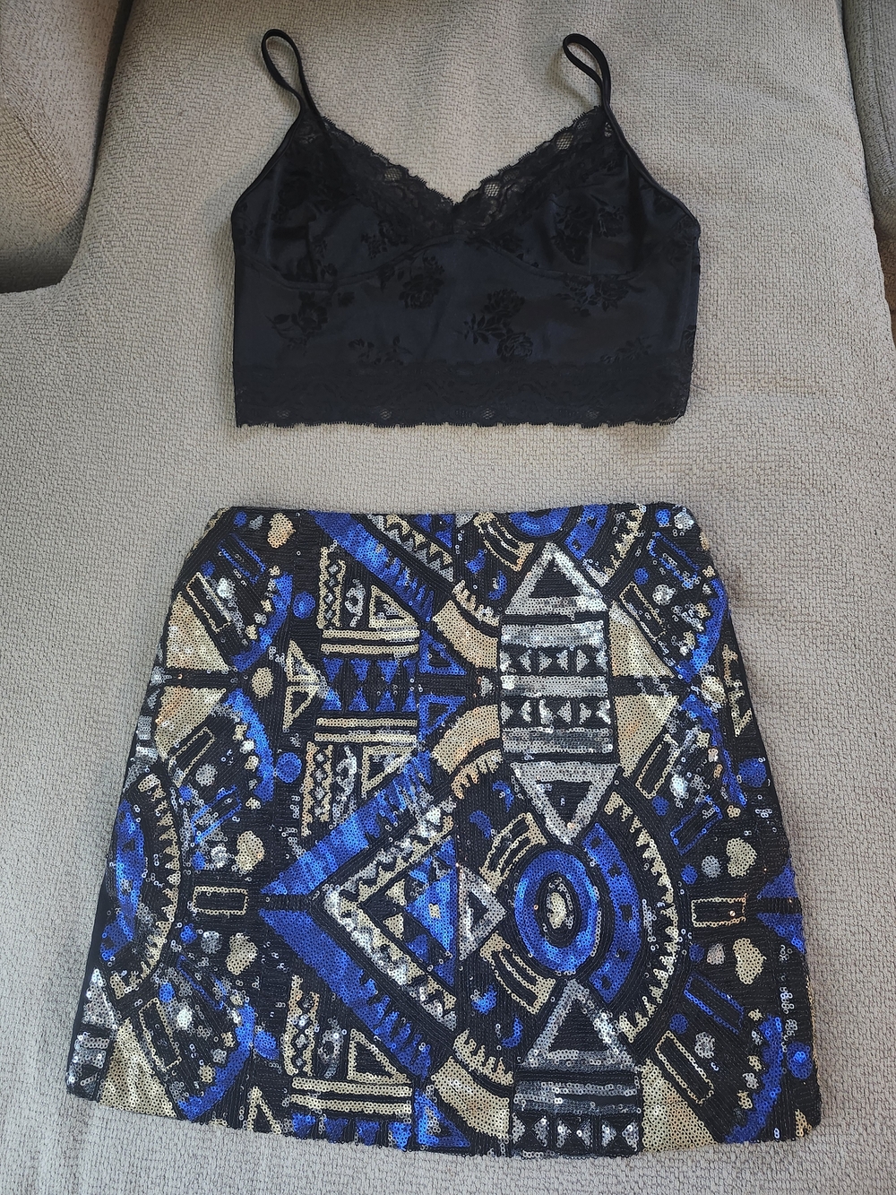 Sequin Geo-Print Mini Skirt in Blue & Gold